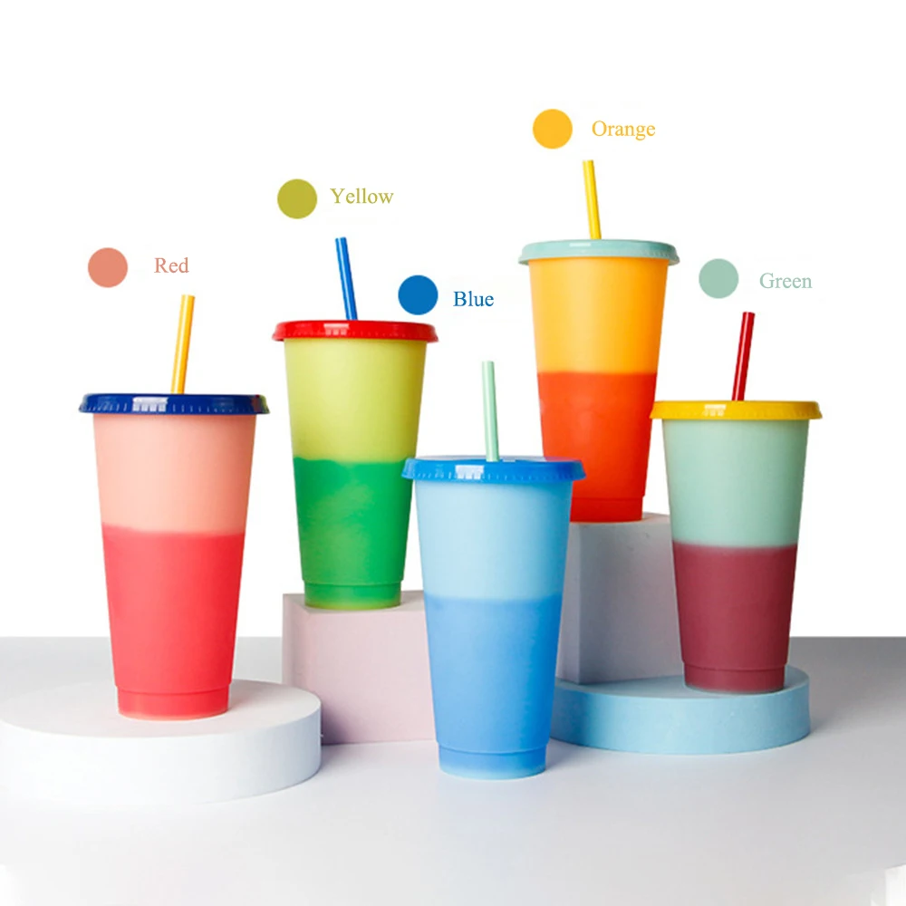 Hard Plastic Drinking Color Changing Cups INS Creative Gift Reusable Cup with Lid Straw Magic Cold Change Color Tumbler
