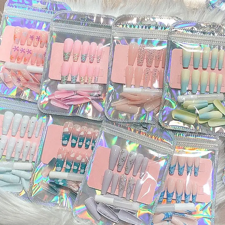 Artificial Nail Private Label Fakenail Bling Acrylic Long Fake Crystal Coffin Press On Nails Rhinestone Set Kit For Women