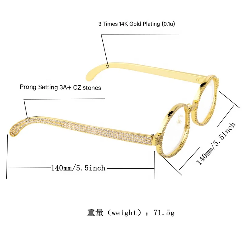 2021 Iced Out Gold Plating Glasses Retro Round Sunglasses Women Vintage Sun glasses Bling Cubic Zirconia Hip Hop Jewelry