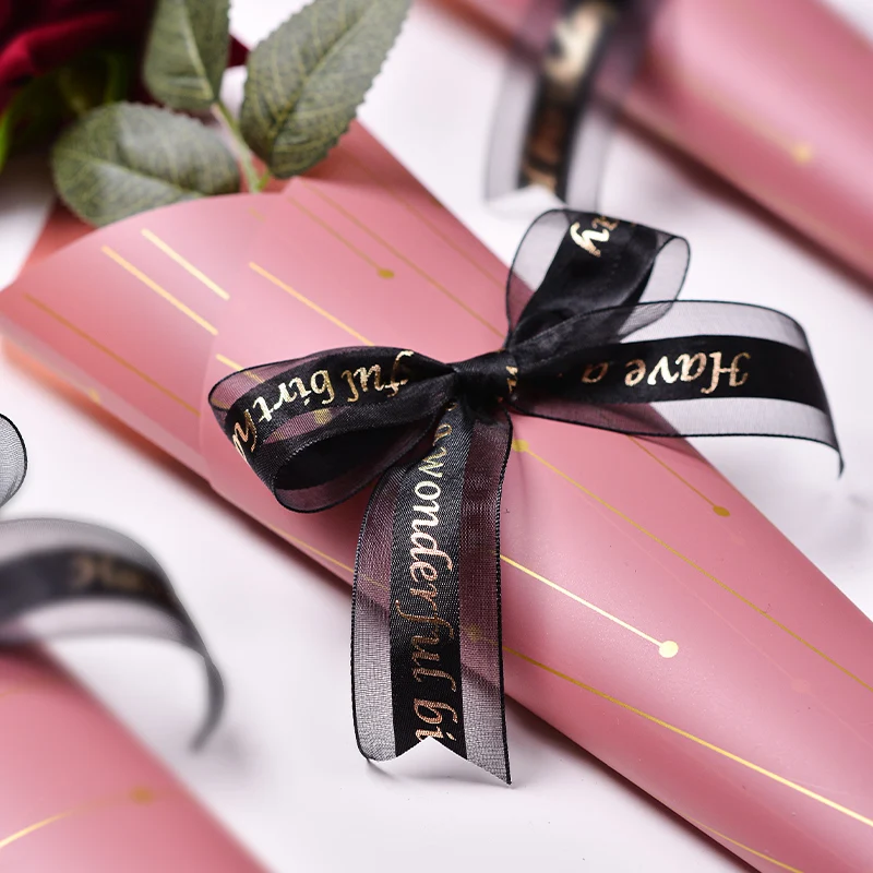 Ribest Custom Gold Foil Satin Organza Ribbon Logo Printed For Birthday Cake Gift Wrapping