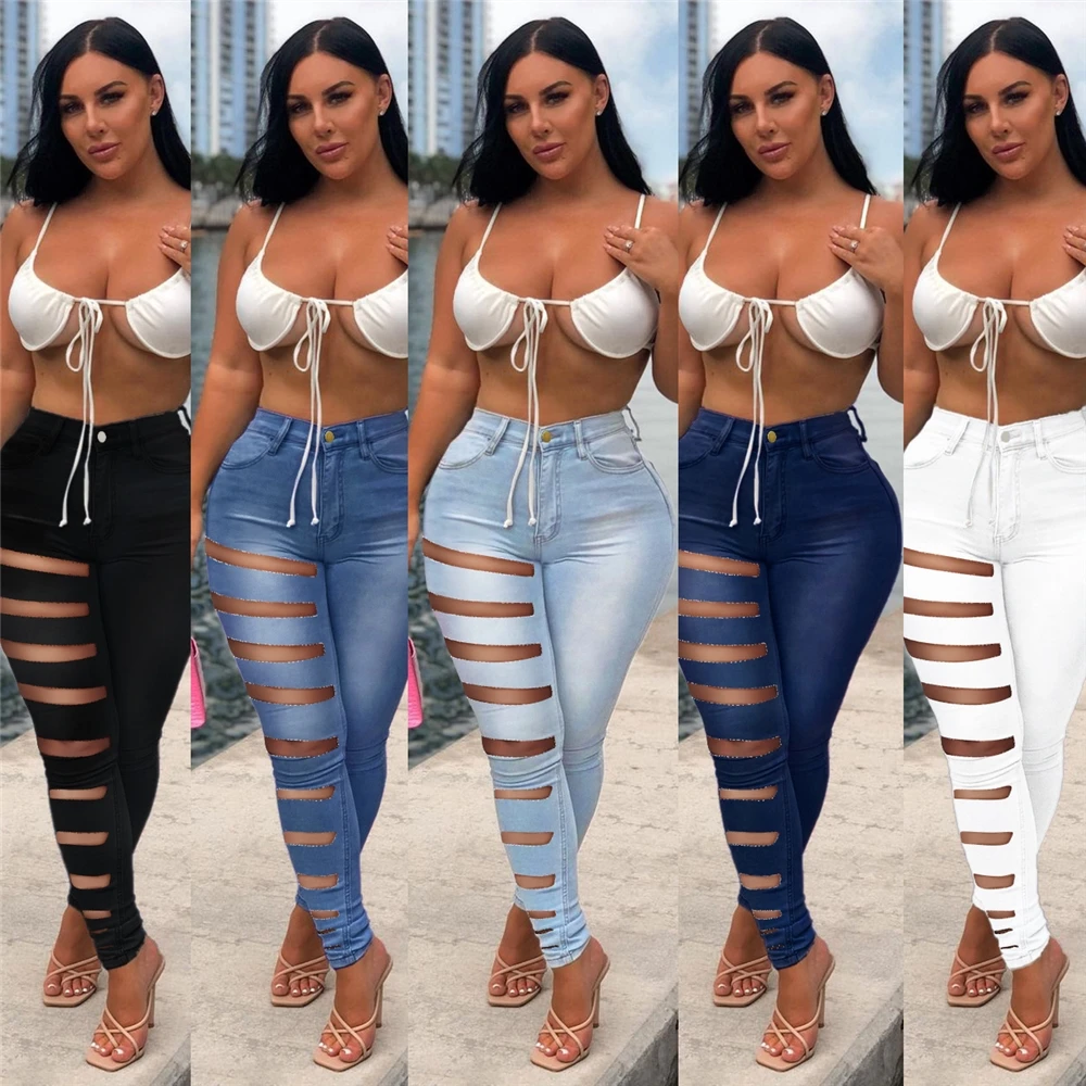 Z13 Latest Fall 2021 Women Clothes Casual High Waist Ripped Skinny Blue Jeans Denim
