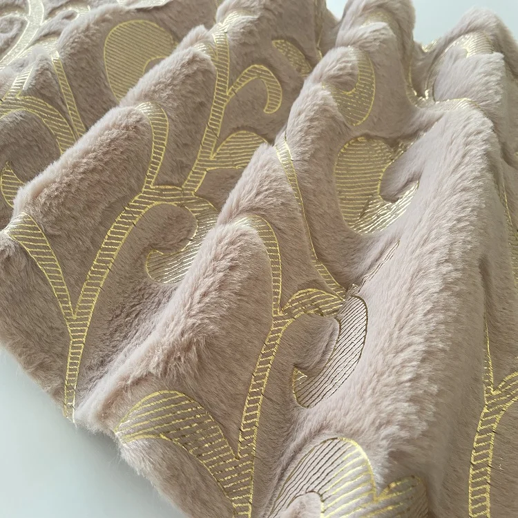 Warm Soft Dark Grey Faux Fur Gold Color Pattern 100% Polyester Embossed Hairy Blanket Fabric