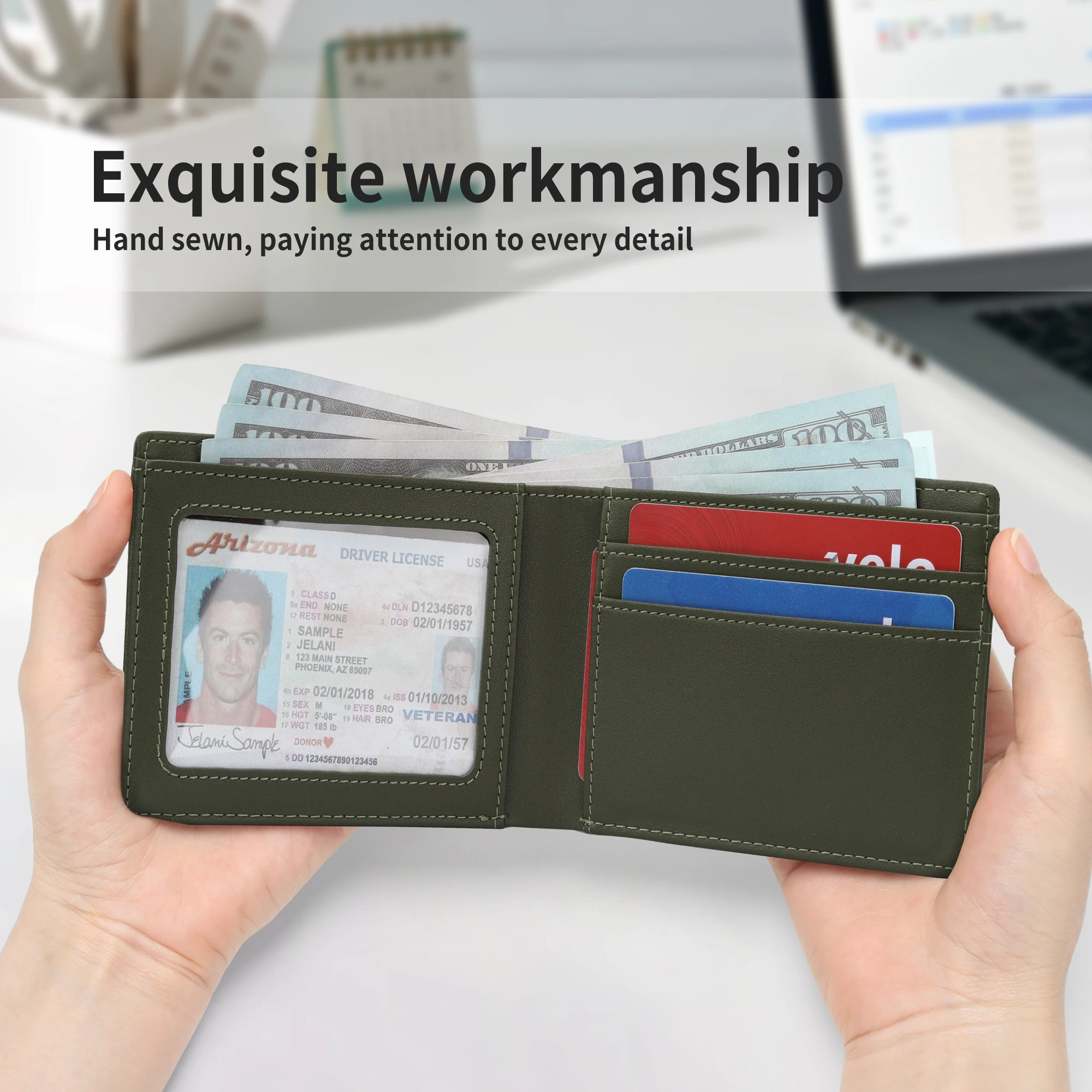 Minimalist Genuine Leather Credit Card Holder Wallet With Transparent ID Window RFID Blocking Slim Bifold Wallet For Man