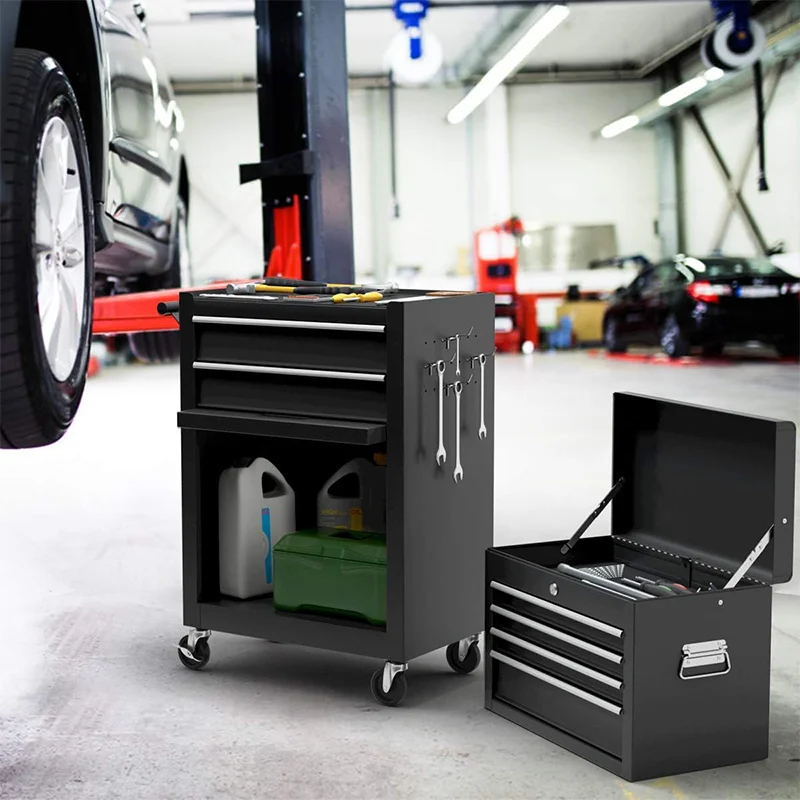 Lockable Wheels Sliding Drawers Rolling Tool Chest, Detachable Top 6-Drawer Tool Box Auto Locking Black Tool Storage Cabinet