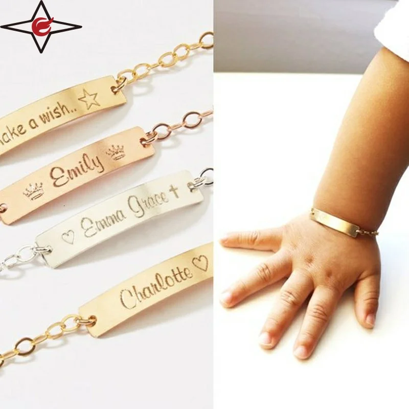 Custom 14k Gold Engrave Laser Bracelet Name Baby Chain Bangles Stainless Steel Id Bracelet For Kids