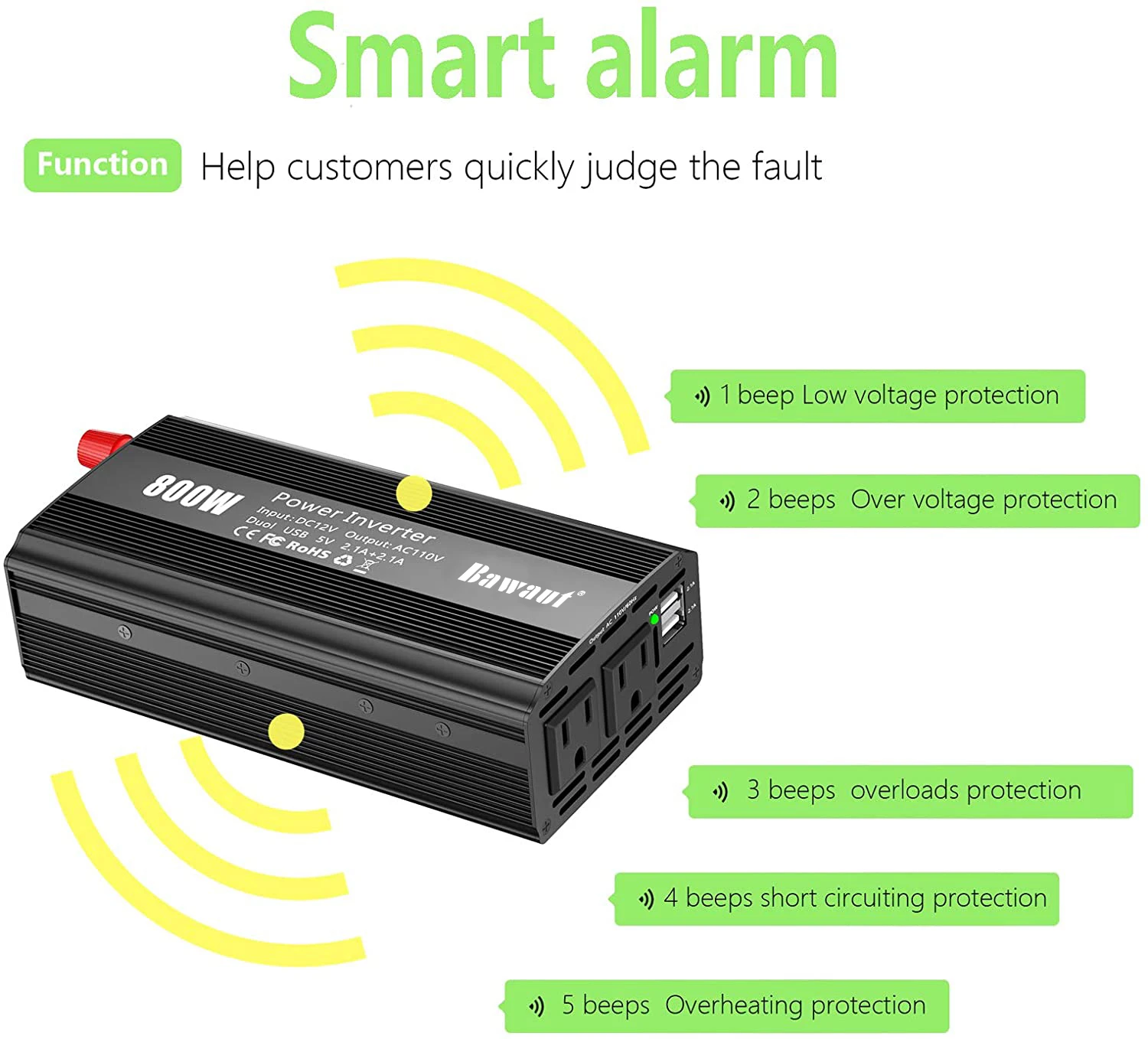 Power Inverter 800W 12V DC To 110V 220V AC Modified Sine Wave With Dual 2.1A USB And AC Outlets