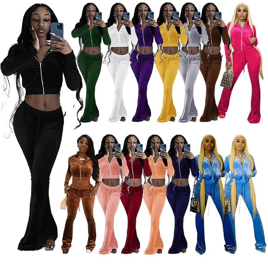 Fall Sweatsuit Women Velvet Outfit Long Sleeve Crop Top Sweat Joggers Pant Two Piece Pants Set Velvet Velour Tracksuit For Women