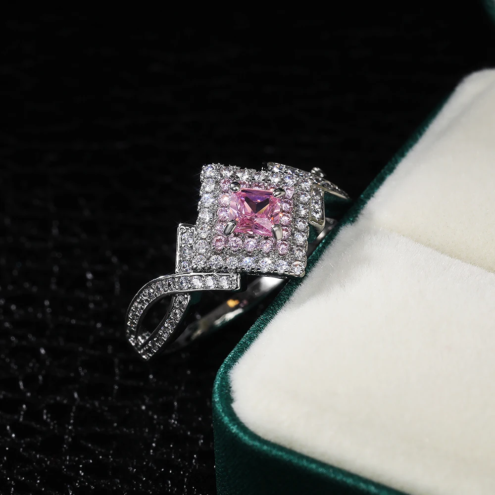 CAOSHI 2021 Sweet Glitter Rings Lady Girls Princess Square Shiny Pink Zircon Rings Silver Lovely Rings Square
