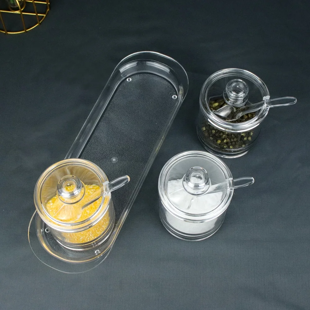 3-piece Set Seasoning Box, Clear Acrylic Spice Pots Storage Container Jars With Spoons and tray