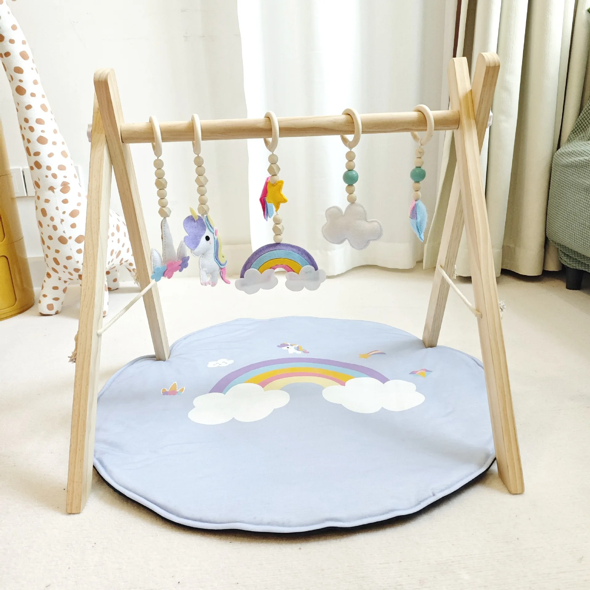 Wholesales Wood Baby Gym Rack Wooden Baby Teething Toys Foldable Baby Play Gym Frame Activity Gym Hanging Toy