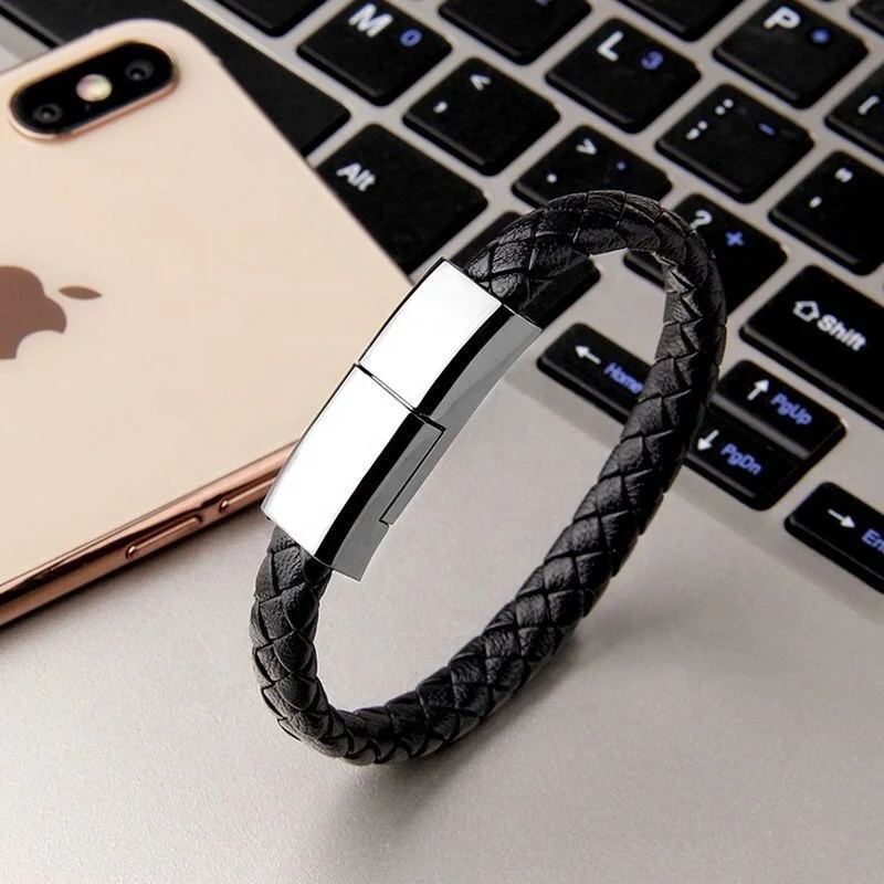 VEROMCA Stainless Steel Brown Black White Leather Rope Data cable Bracelet USB Braided Bracelet