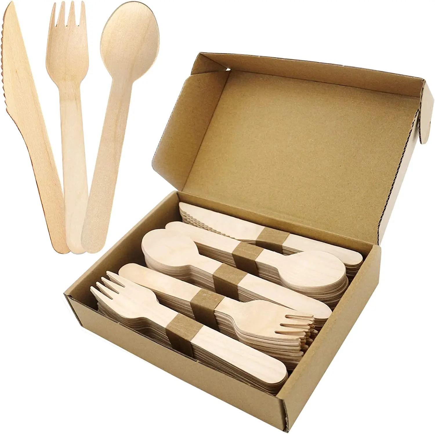 Biodegradable Bulk Birch Wood Spoon / Forks / Knives Disposable Wooden Cutlery Set
