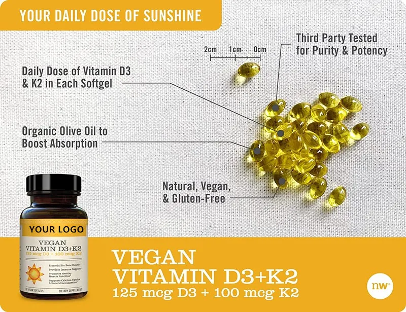 Vegan Vitamin D3 5000iu (125 mcg) + Vitamin K2 (100mcg VitaMK7) Healthy Muscle Function, and Immune Support