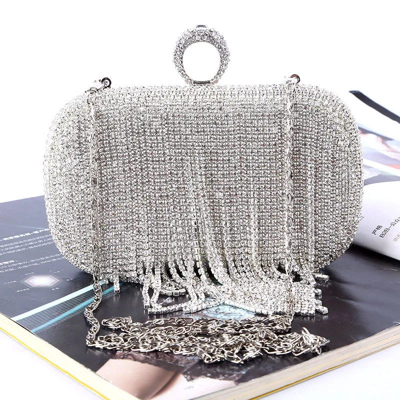 
Elegant Bling Wedding Rhinestone Crystal Tassel Evening Clutch Bag Stone Beading Clutch Purse Ring Evening Bag For Wedding Party 