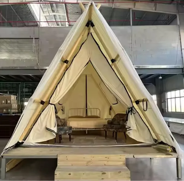 Home Luxury Canvas Glamping Wooden Style waterproof canvas tarpaulin luxury glamping outdoor living safari tent With Bathroom