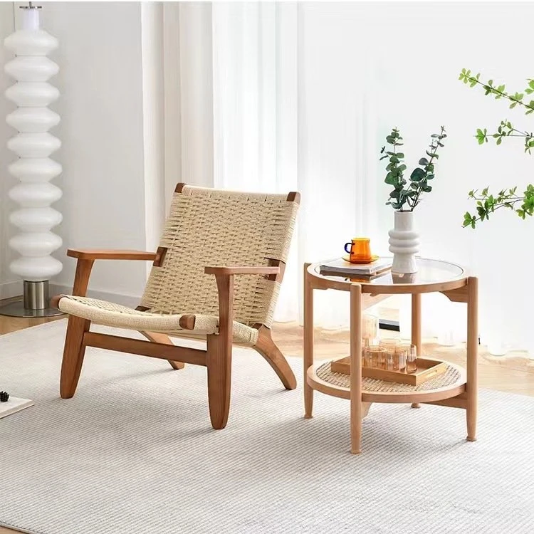 Japanese wabi-sabi rattan woven solid wood sofa chair living room balcony rope woven back leisure saddle chair