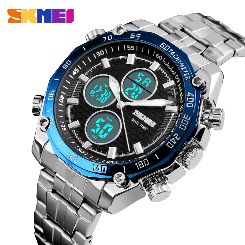 SKMEI 1302 men stainless steel wrist watch dual time sport led digital watch