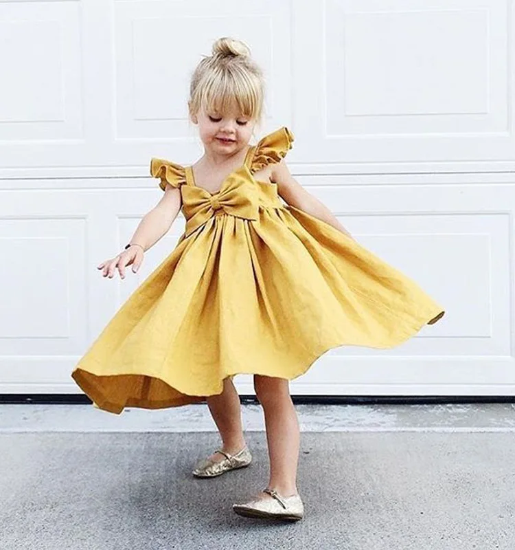 
summer kids baby girl yellow fly sleeve dresses european fashion oversize bow soft cotton tutu fancy dress girls dresses 