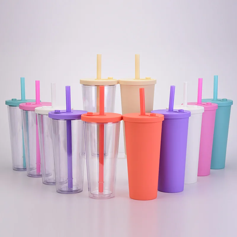 Custom 24oz 700ml Straw Tumbler Premium Bubble Tea Cups Double Wall Plastic Reusable Boba With