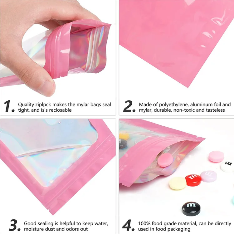 Design Custom Printed Mylar Pvc Pink Small Holographic Iridescent Smell Proof Resealable Packaging Ziplock Gift Bag With Zipper
