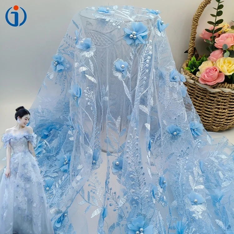 High End Polyester Heavy Multi Color 3D Flower Embroidery Tulle Handmade Beaded Pearl  Mesh Fabric for Wedding
