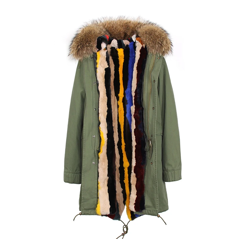Stylish Ladies Winter Real Rabbit Fur Removable Lining Long Parka With Real Raccoon Fur Collar