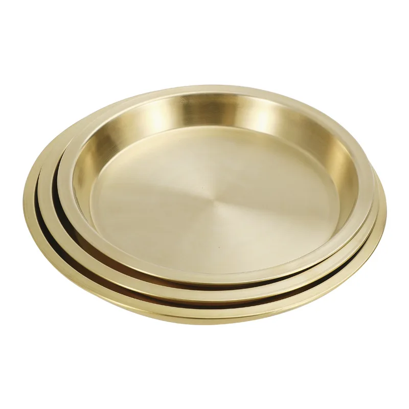 Multi Usage Pure Copper Plate Gold Round Serving Tray Round Dish Plate Commercial Use For Decoration & Collection