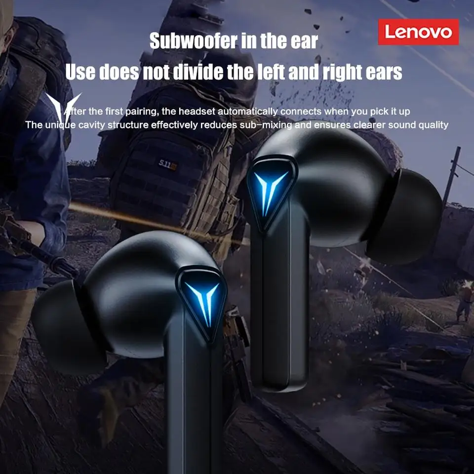 Lenovo LivePods GM6 BT 5.0 Wireless Earphones with Charging Box Low Latency Noise Cancelling Stereo Waterproof Earbuds with Mic