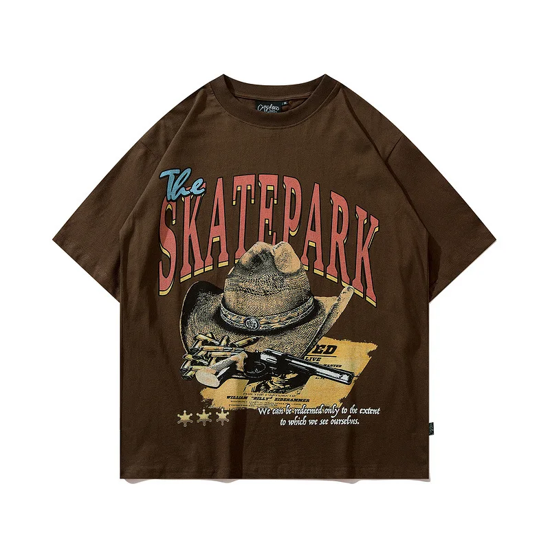 2022 new summer cowboy hat letter print casual retro half sleeve t-shirt men for lovers