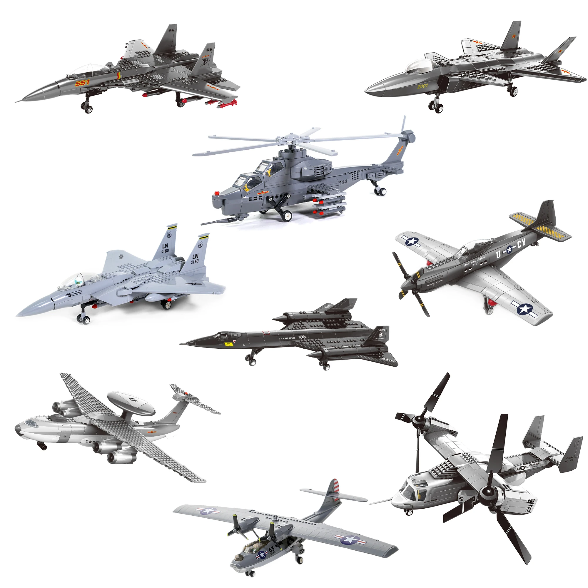 Military Aircraft Series Flying Shark Carrier Based P-51 Fighter SR-71 Blackbird Kids Assemble Building Block Toy Set Boys Gift