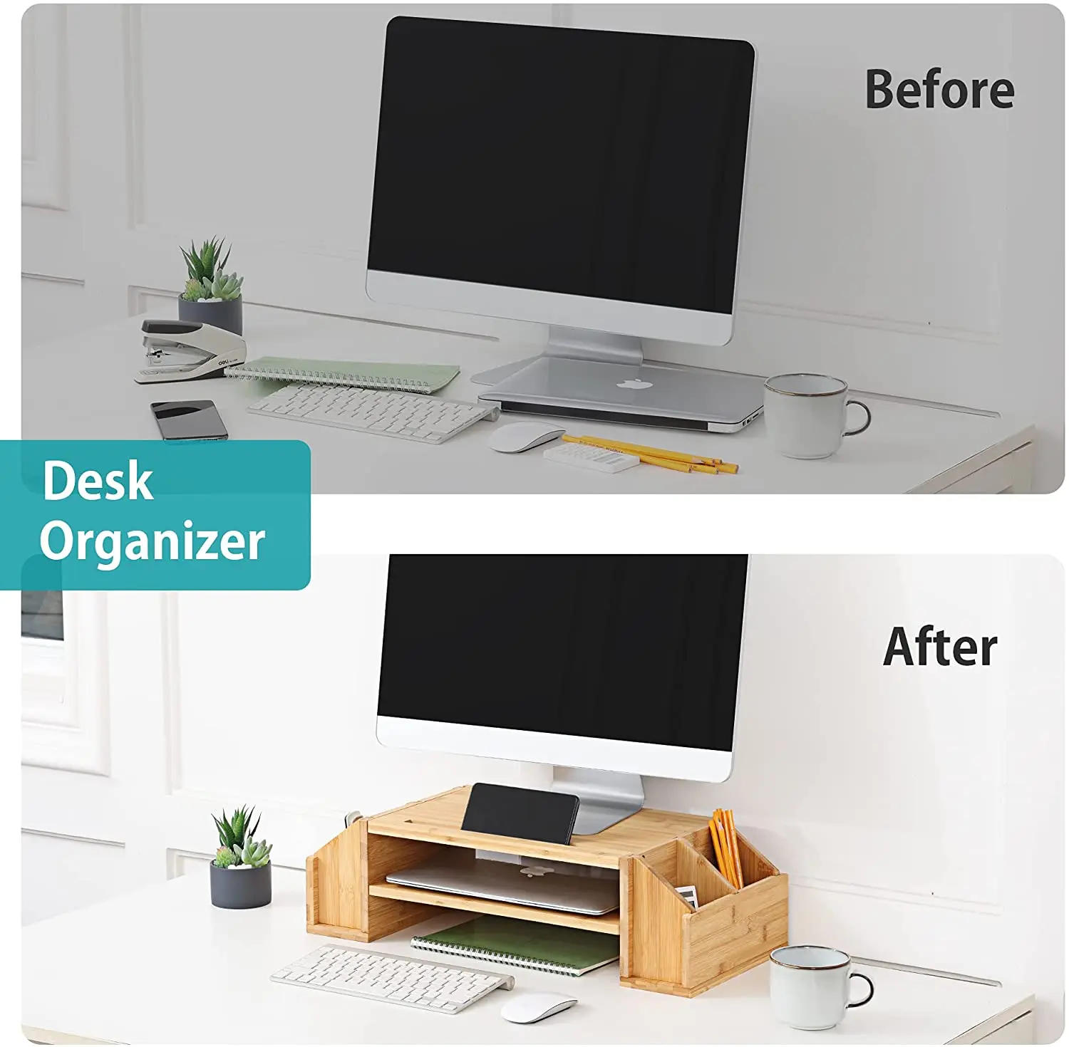 Combohome Natural Bamboo Computer Desk With Phone holder Monitor Laptop Stand