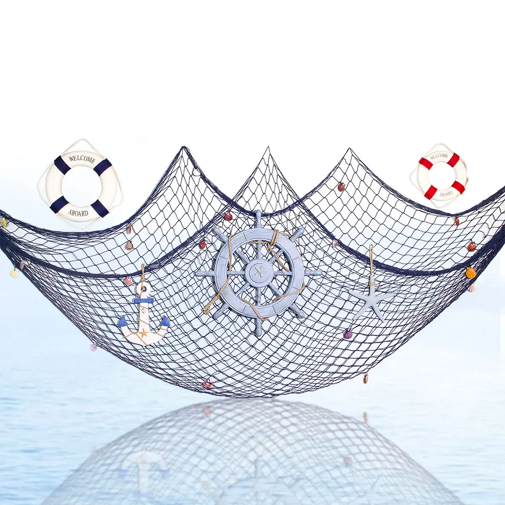 Home Wall Decorative Beach Style With Shipwheel Starfish Lifering Fish Netting Sets