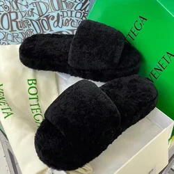 INS Hot Selling Branded Green Terry Flat Sandals Women Plush Fur Slides Winter Home Fuzzy Slippers