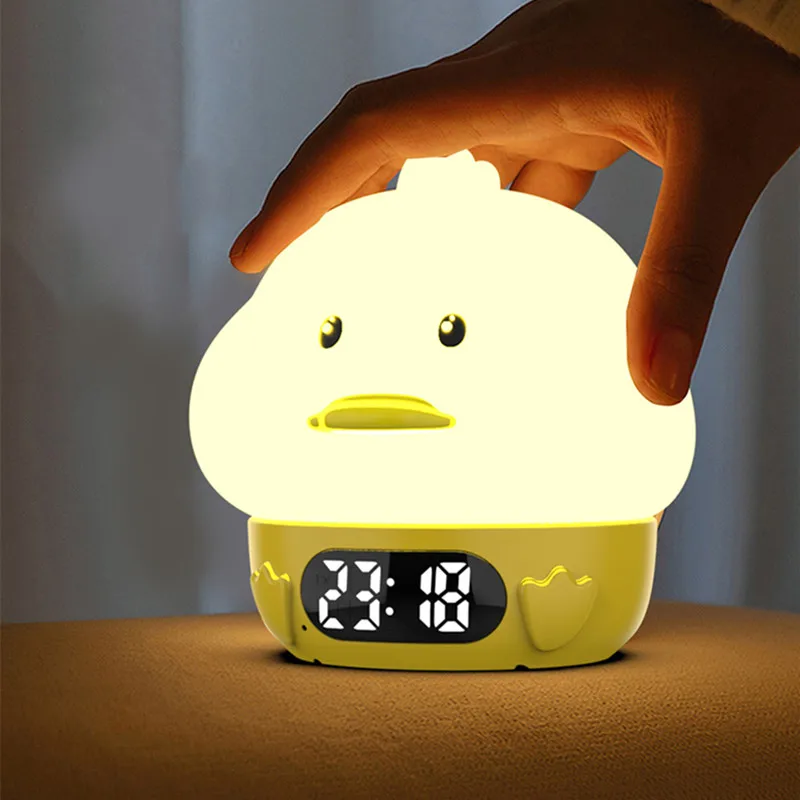 Lonvel Bedroom Decor Time Clock Baby Night Light USB Rechargeable Cute Lamp Silicone Dimmable Duck Night Light Tap Control Lamp