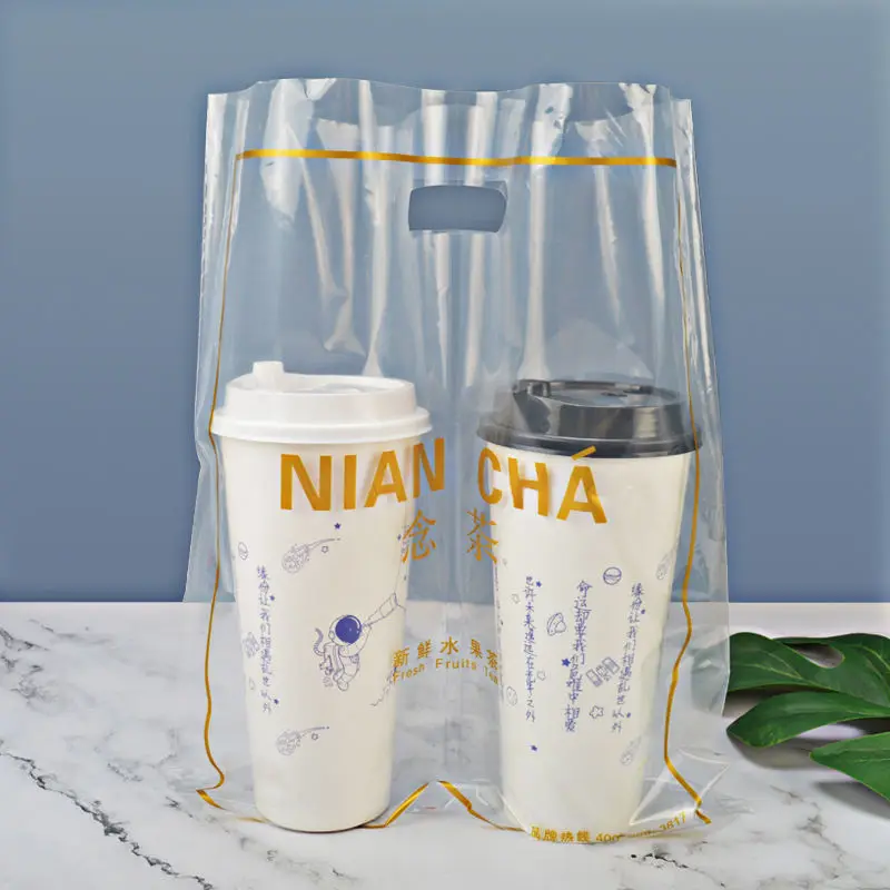 Tea Cup Bags Professional Clear Handle Drink Plastic Cup Carrier bag With Handle