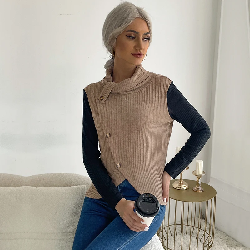 Women Stylish Long Sleeve Pullover Knit High Collar Irregular Patchwork Knitted Top