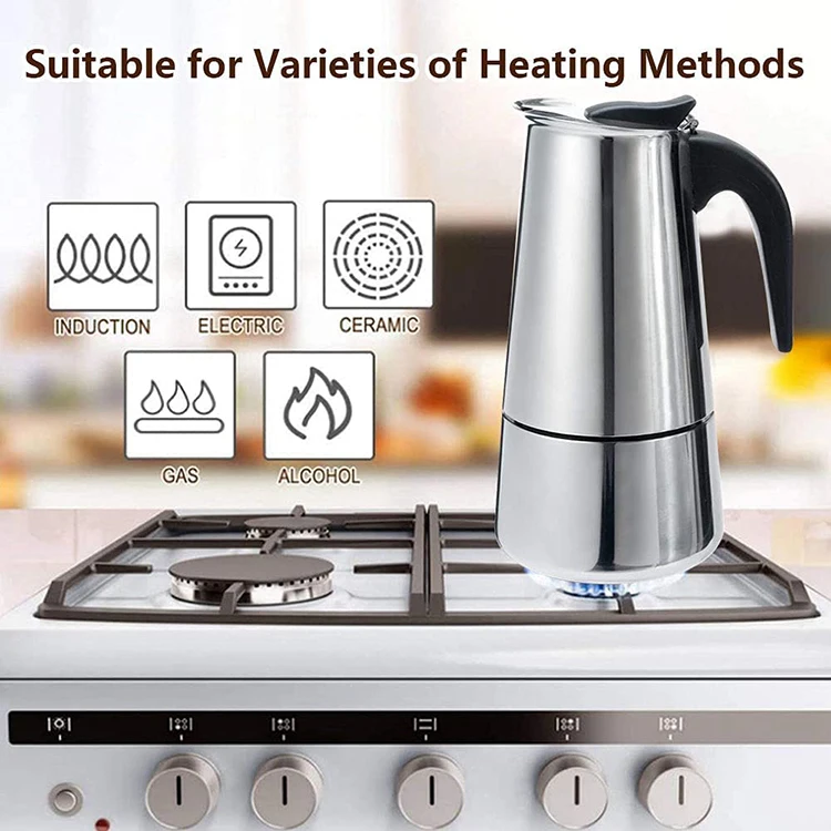 Stovetop Espresso Maker Italian Coffee Machine Coffee Pot 6.8 Oz Moka Pot Sliver Luxurious Stainless Steel Copper Chrome Metal