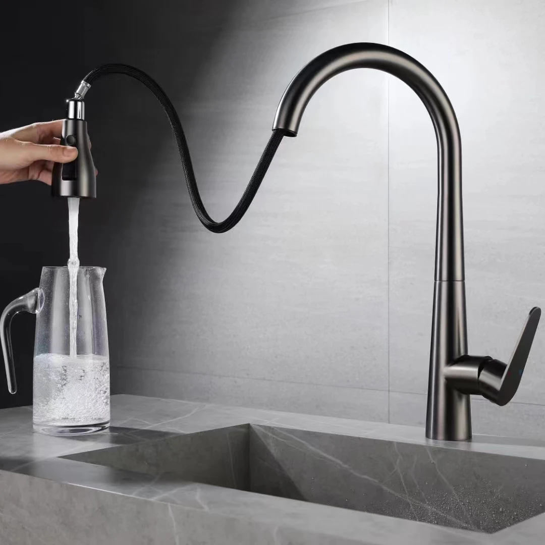 three mode widespread Gun grey SUS304 pull down out kitchen sink faucet with sprayer for kitchen sink