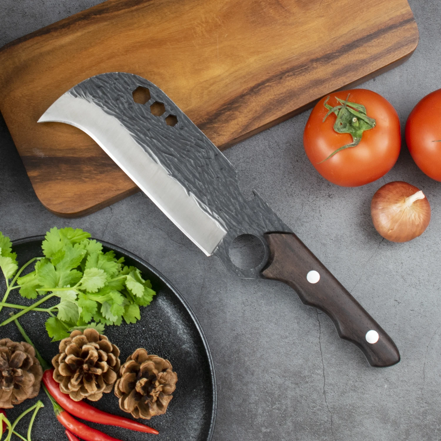 Factory Dropship Full Tang Hunting Serapian Hammered Blade Hole Leather Sheath Camp Knife Butcher Knife