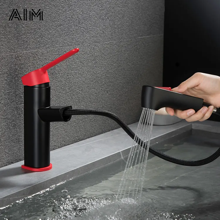 Заводская цена, смеситель для ванной комнаты превосходного качества, смеситель цветов, черный, красный цвет, смеситель для раковины с выдвижным краном