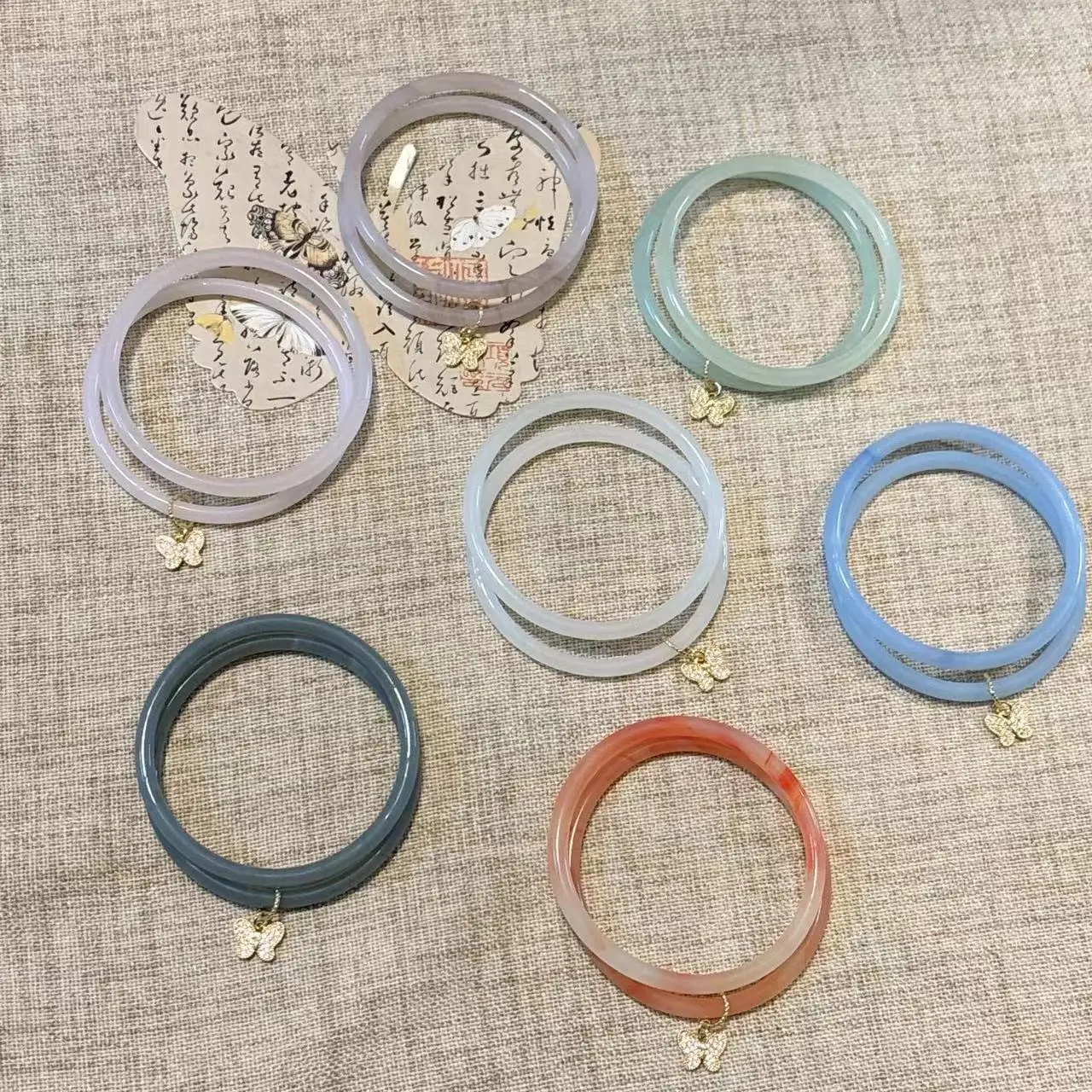 Chinese Style Gradient Color Imitation jade Bangle Zircon Butterfly Charm Cuff Bracelet chalcedony Glaze bracelet for Women