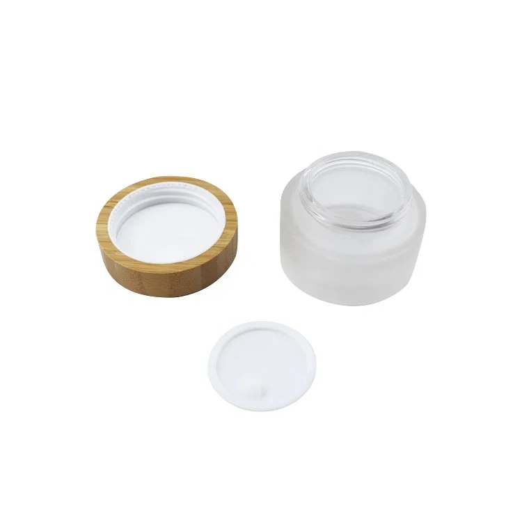 luxury empty 50 gm 50g white frosted glass cosmetic cream jar 50ml packaging jars container with yellow bamboo lid top lids cap