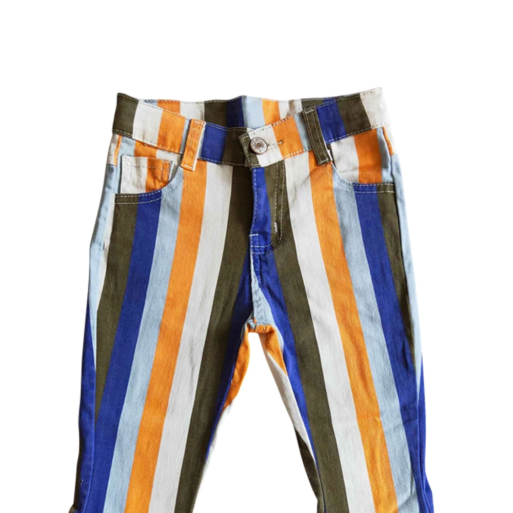 Fashion Colorful Striped Elastic Bell Bottoms Denim Pants Wholesale Children Boutique Trousers Kids Wear Girls Toddlers Jeans