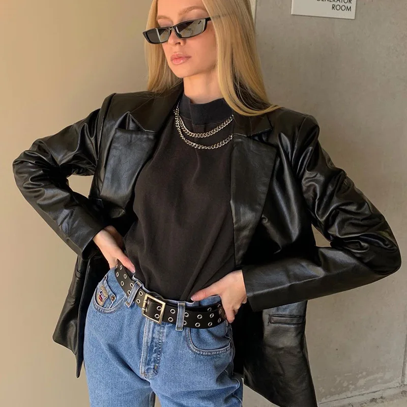 P1645T Punk PU Faux Leather Jacket Women Harajuku Black Coat Womens Autumn Long Sleeve Suit Jacket Turn Down Collar Overcoat