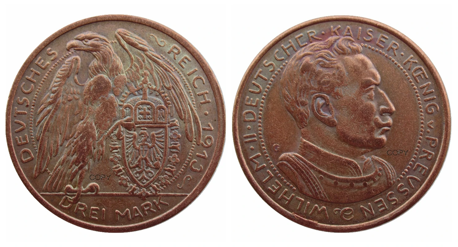 Reproduction Euro German 3 Mark  Wilhelm II 1913 Copper Antique Souvenir Custom Metal Coins