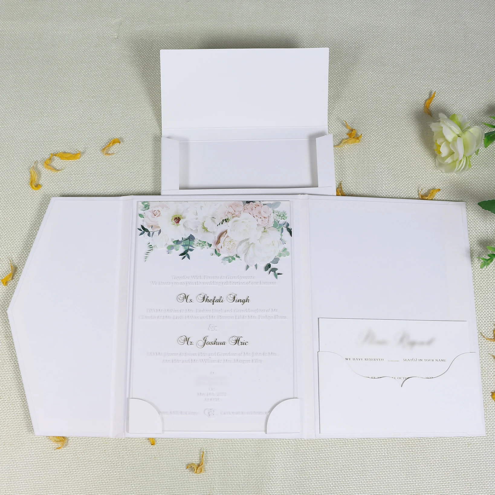 2024 luxury wedding card invitation floral clear frosted acrylic tri-fold hardboard cover wedding card envelopes