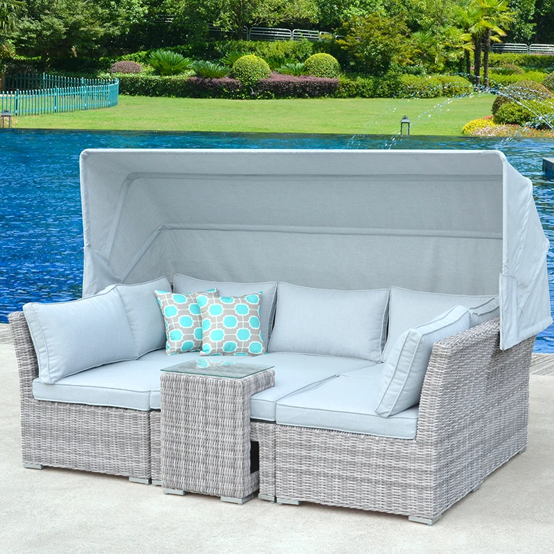 
TRENTON Muti-function Easy Storage Free Combination Rattan Upholstered Sofa Sectional Outdoor Sofa Set with Sunshade Roof 