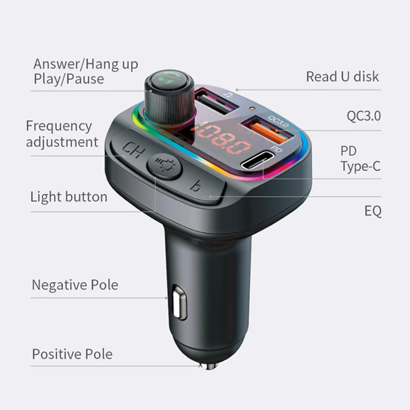 New QC3.0 Type C PD 18W Fast Charging Car Charger FM Transmitter Car MP3 Player Car Kit