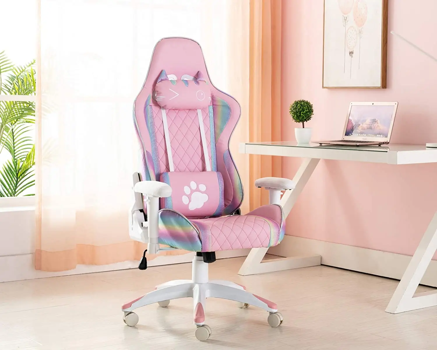 Modern gaming chair Pink cute chair with cat design headrest