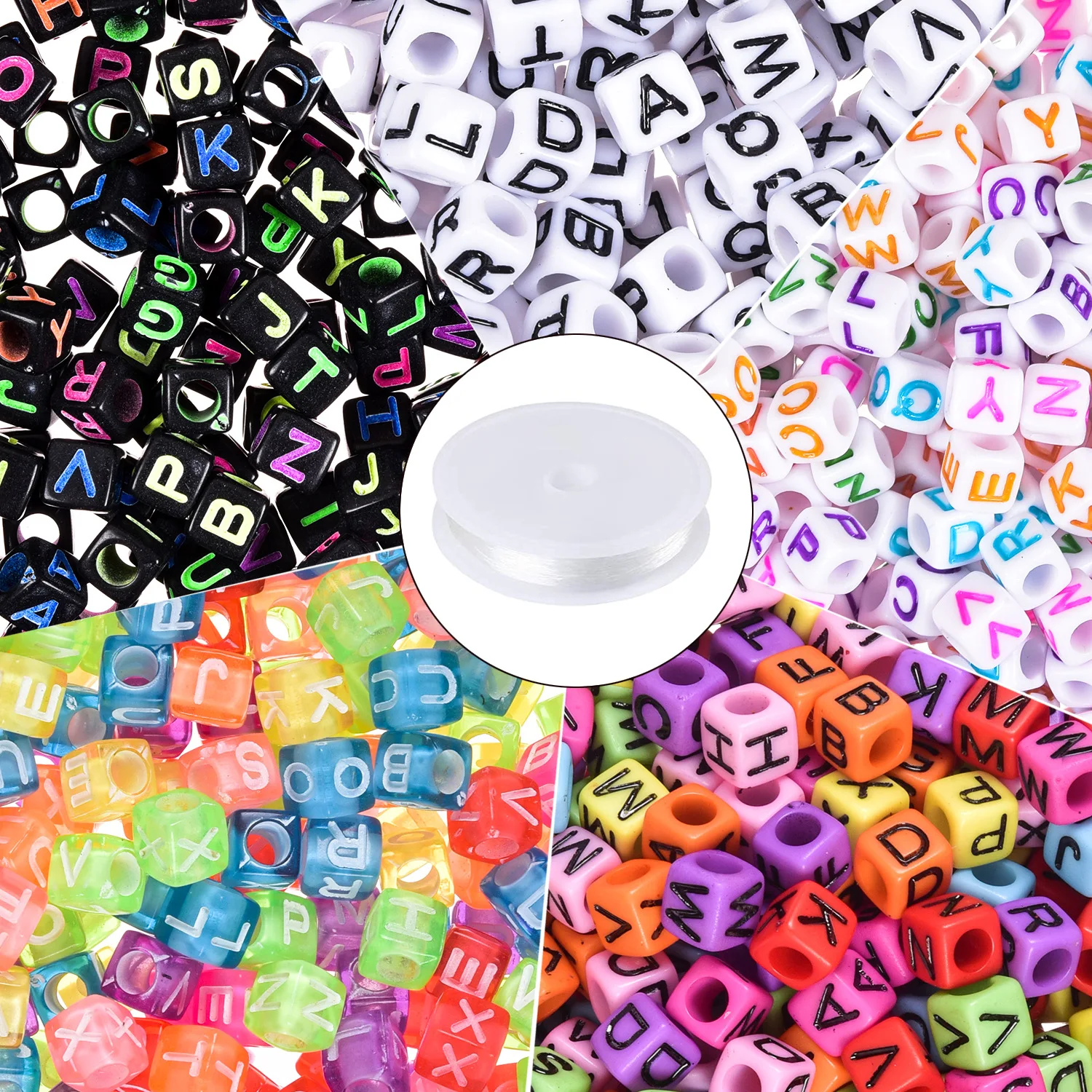 1400pcs 5 Color Acrylic Alphabet Cube Beads Letter Beads with 1 Roll Crystal String Cord for Jewelry Making